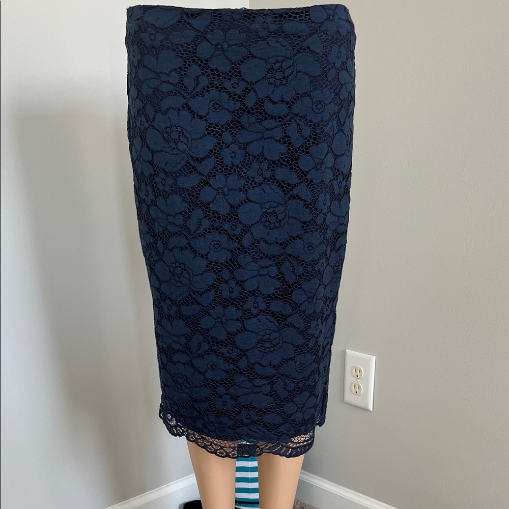 Beige by eci Navy Floral Lace Pencil Skirt